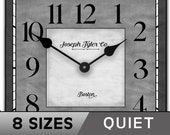 Waterford Square Wall Clock Gray, large wall clock, Choose from 8 sizes. extra QUIET mechanism, LIFETIME Warranty, We can add YOUR words.