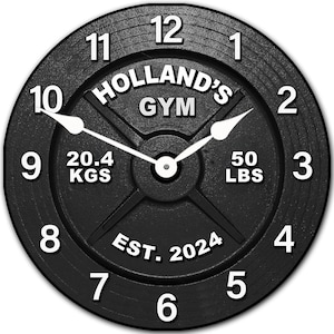 Personalized Barbell Wall Clock White Numbers, 8 sizes to choose, Made in USA, Lifetime Warranty, Very QUIET, Free to customize