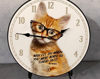 Cat Wall Clock, 8 sizes to choose, Made in USA, Lifetime Warranty, Very QUIET, Free to customize