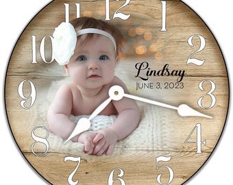 Personalized Brown Wood Photo Wall Clock, 8 sizes!!, EXTRA quiet mechanism, lifetime warranty, optional to add your words, large wall clock