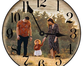 Personalized Brown Wood Photo Wall Clock, 8 sizes!!, EXTRA quiet mechanism, lifetime warranty, optional to add your words, large wall clock