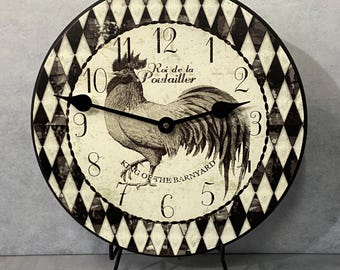 Black & Ivory Harlequin Rooster  Wall Clock, 8 Sizes, Lifetime Warranty, Quiet, Non-Ticking, Free Personalization, Made in the USA