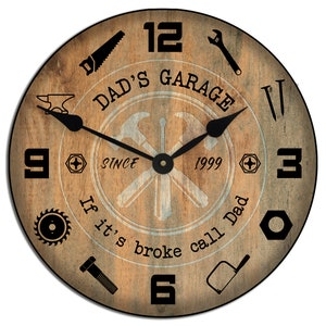 Dad&#39;s Garage Wall Clock, Choose one of 8 sizes, VERY Quiet, Lifetime warranty, Personalizable, Father&#39;s Day Clock