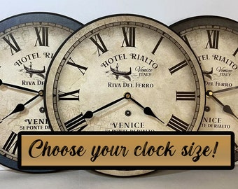 Italian Hotel Wall Clock, Choose from 8 sizes, QUIET mechanism, LIFETIME Warranty, customizeable, 3 colors