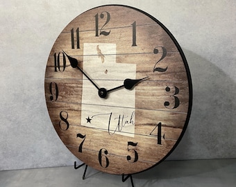 Utah State or any State Wall Clock, large wall clock, Choose from 8 sizes. extra QUIET mechanism, LIFETIME Warranty