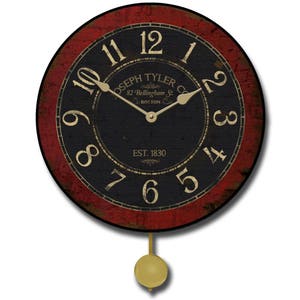 May include: A red and black pendulum clock with Roman numeral hour markers and a gold-colored pendulum. The clock face features the text "Joseph Tyler Co. 82 Bellingham St. Boston EST. 1830".