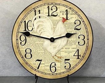 Newspaper Rooster Wall Clock, large wall clock, Choose from 8 sizes. extra QUIET mechanism, Lifetime Warranty, We can add YOUR words.