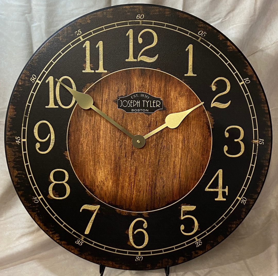 Rustic Black & Wood Wall Clock, 8 Sizes, EXTRA Quiet Mechanism