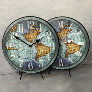 Vincenzo Blue World MapClock, large wall clock, Choose from 8 sizes. extra QUIET mechanism, LIFETIME Warranty