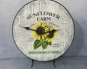 Sunflower Wall Clock, 8 Sizes, Lifetime Warranty, Quiet, Non-Ticking, Free Personalization.