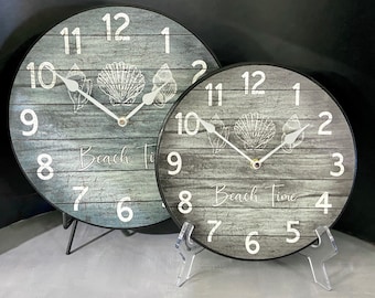 Beach Time Wall Clock, Choose Blue or Gray,  8 sizes, SILENT mechanism, LIFETIME Warranty,  large wall clock