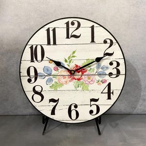White Barnwood Floral Wall Clock, Comes in 8 sizes, EXTRA Quiet, Lifetime Warranty, Floral Clock, Large wall clock