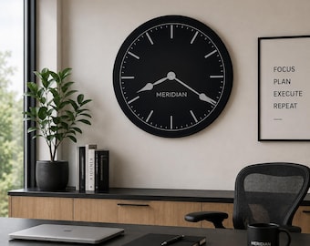 Meridian Black Wall Clock | 8 sizes!!, EXTRA quiet mechanism, lifetime warranty, optional to add your words, large wall clock