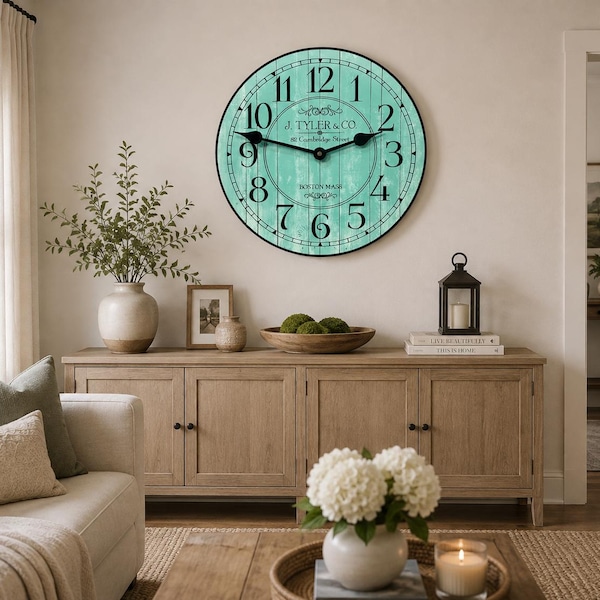 Harbor Turquoise Wall Clock, 8 sizes!!, EXTRA quiet mechanism, lifetime warranty, optional to add your words, large wall clock .