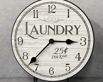 White Laundry Wall Clock, 8 sizes!!, EXTRA quiet mechanism, lifetime warranty, optional to add your words, large wall clock