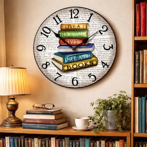 Library Wall Clock, 8 sizes!!, EXTRA quiet mechanism, lifetime warranty, optional to add your words, large wall clock Available in Spanish