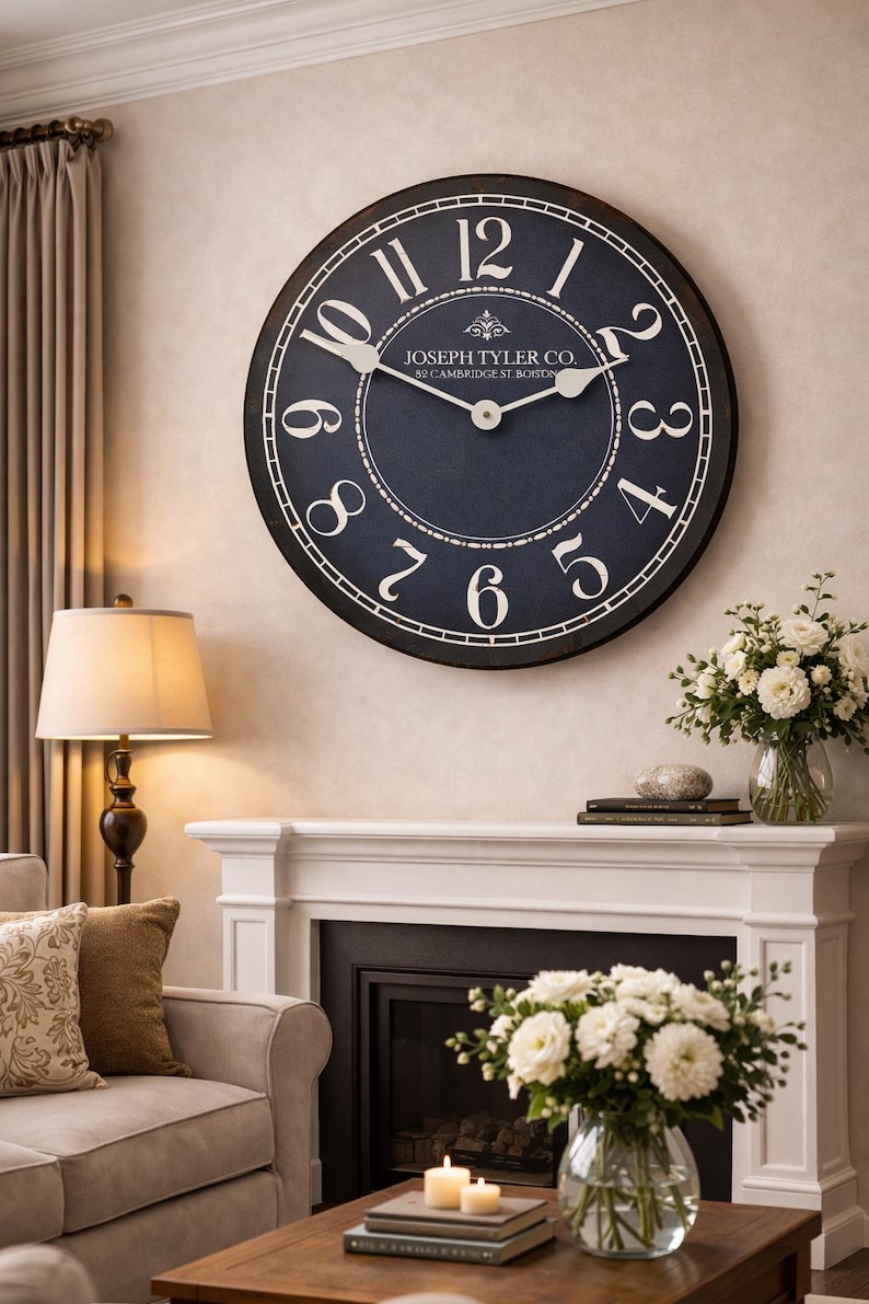 Blue & White Wall Clock, large wall clock, Choose from 8 sizes. extra QUIET mechanism, LIFETIME Warranty, We can add YOUR words. image 2