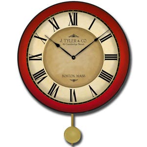 May include: A red and cream colored pendulum clock with Roman numeral markings and the text "J. Tyler & Co. 82 Cambridge Street. Boston, Mass."