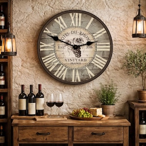 Wine Barrel Lid Blue Clock, large wall clock, Choose from 8 sizes. extra QUIET mechanism, LIFETIME Warranty, We can add YOUR words.