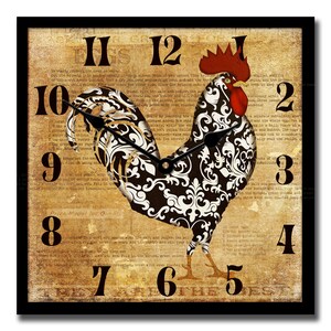 May include: A black and white rooster with a damask pattern on its feathers is superimposed on a vintage-style clock face with Roman numerals. The background is a faded brown with text about cooking eggs.