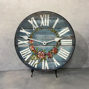 Barnwood Blue Floral Wall Clock, 8 sizes!!, EXTRA quiet mechanism, lifetime warranty, optional to add your words, large wall clock