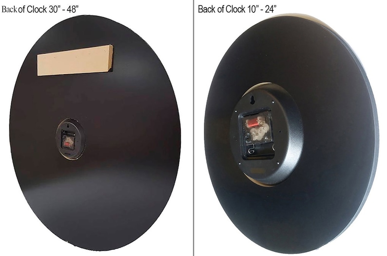 May include: Two black clock backs are shown. One clock back is labeled "Back of Clock 30" - 48"" and the other is labeled "Back of Clock 10" - 24"". The clock backs have a circular shape with a clock mechanism and a hanging hook.