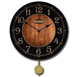 Black & Wood Pendulum Wall Clock, 5 Sizes, Lifetime Warranty, Quiet, Non-Ticking, Free Personalization.
