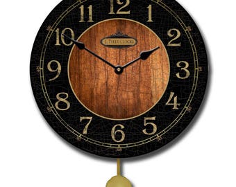 Black & Wood Pendulum Wall Clock, 5 Sizes, Lifetime Warranty, Quiet, Non-Ticking, Free Personalization.