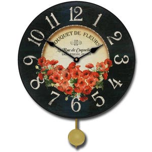 May include: A black pendulum clock with a white face and Roman numeral hour markers. The clock face features a floral design with red poppies and the text "Bouquet de Fleurs La Rue de Coquelic Saint Etienne, France".
