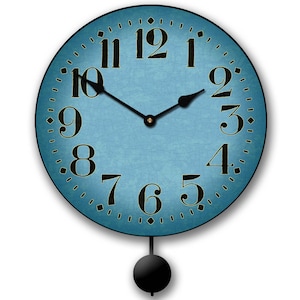 Houston Blue Pendulum Wall Clock, 5 Sizes, Lifetime Warranty, Quiet, Non-Ticking, Free Personalization.