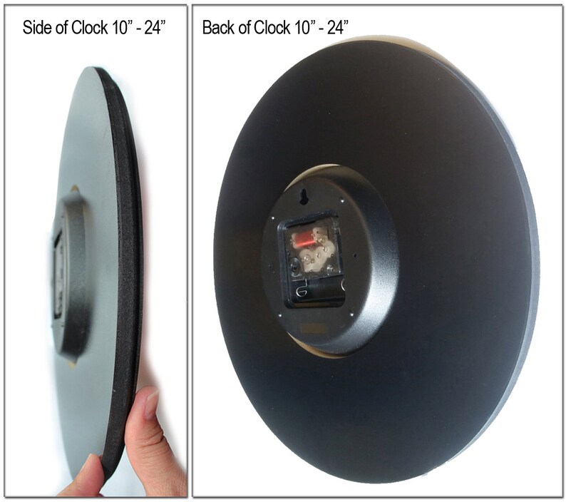 May include: Side and back view of a black clock with a black frame and a white clock face. The clock is 10 to 24 inches in diameter.