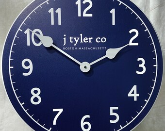 New Traditional Navy Wall Clock, large wall clock, Choose from 8 sizes. extra QUIET mechanism, LIFETIME Warranty, We can add YOUR words.