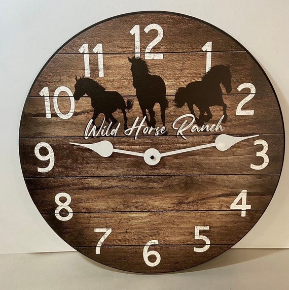 Personalized Horse Clock, 8 sizes!!, EXTRA quiet mechanism, lifetime warranty, optional to add your words, large wall clock Made in USA