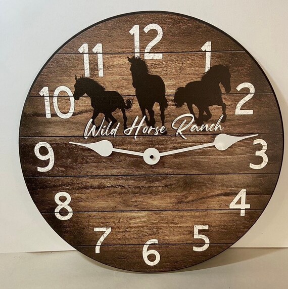 Personalized Horse Clock, 8 sizes!!, EXTRA quiet mechanism, lifetime warranty, optional to add your words, large wall clock Made in USA