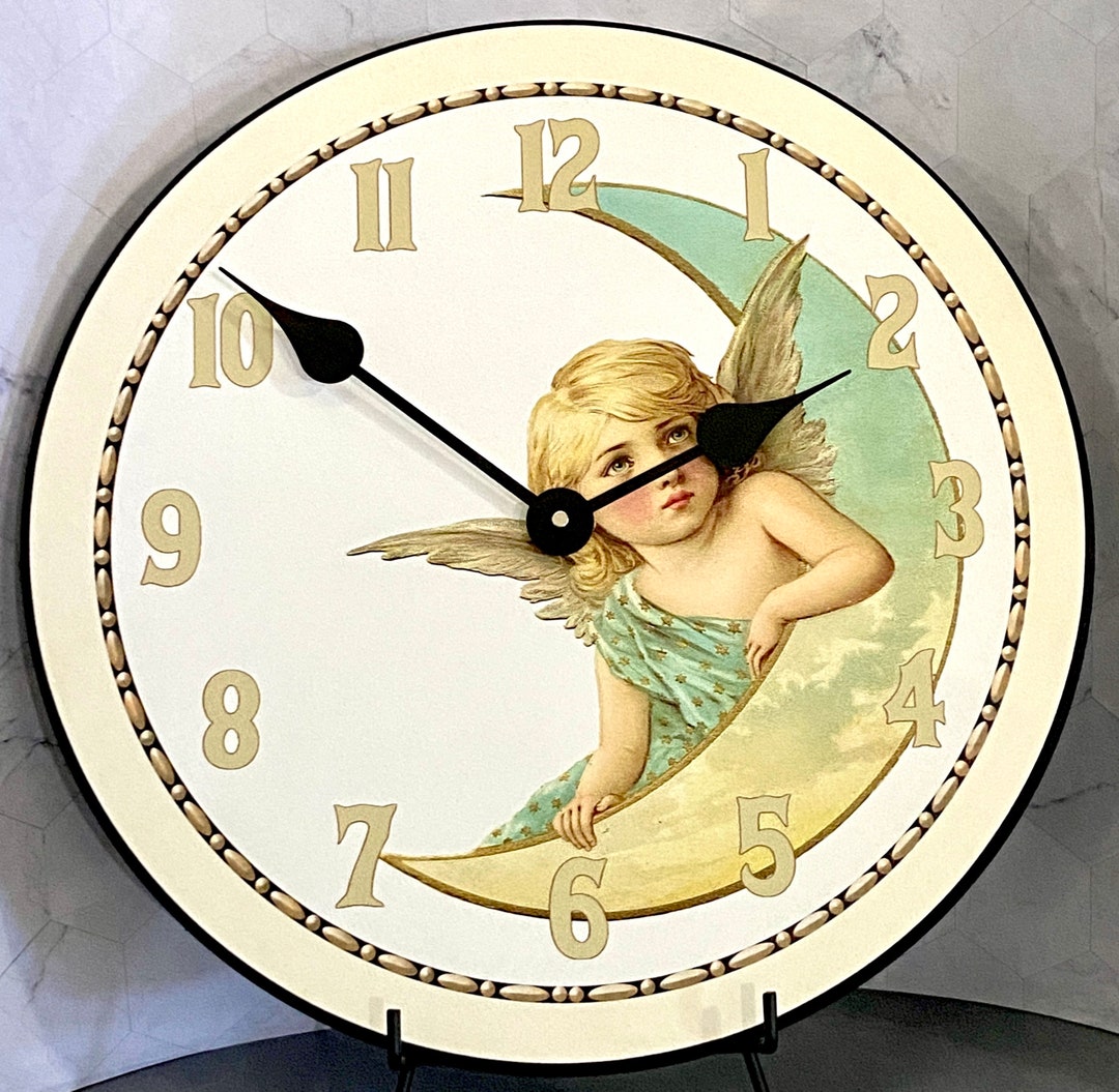 Moon Angel Wall Clock, EXTRA QUIET, Lifetime Warranty, Angel Clock, Large Wall Clock, Comes in 8