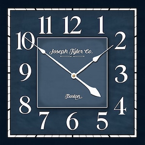 May include: A square, navy blue clock face with white Roman numeral hour markers and white hands. The clock face has a smaller, inner square with the text "Joseph Tyler Co. Boston" in white.