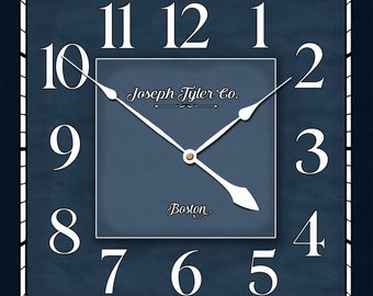 Navy Waterford Square Wall Clock, large wall clock, Choose from 5 sizes. extra QUIET mechanism, LIFETIME Warranty, We can add YOUR words.