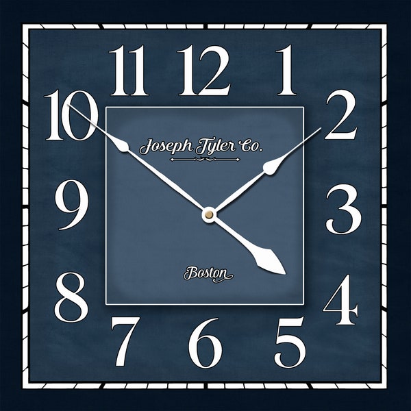 Navy Waterford Square Wall Clock, large wall clock, Choose from 5 sizes. extra QUIET mechanism, LIFETIME Warranty, We can add YOUR words.