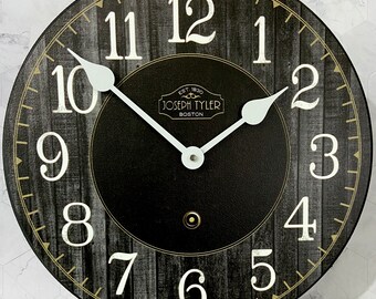 Black & Gray Wood Wall Clock, 8 sizes to choose, Made in USA, Lifetime Warranty, Very QUIET, Free to customize