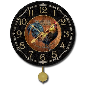 Black & Wood Rooster Pendulum Wall Clock, 5 Sizes, Lifetime Warranty, Quiet, Non-Ticking, Free Personalization.