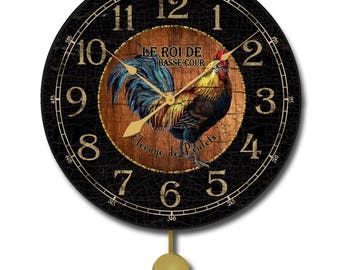 Black & Wood Rooster Pendulum Wall Clock, 5 Sizes, Lifetime Warranty, Quiet, Non-Ticking, Free Personalization.