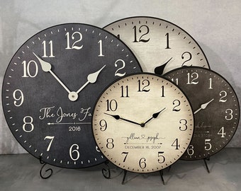 Personalized Wedding Clock, FOUR COLOR choices, large wall clock, Choose from 8 sizes. extra QUIET mechanism, Life time Warranty