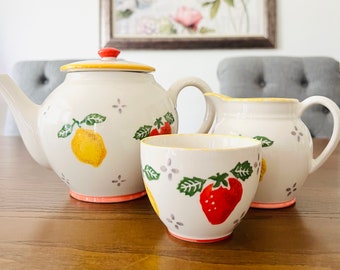 Vintage Teapot Set, Laura Ashley, Summer Fruit Lemon, French Country Decor, Tea Lover Gift, Decorative Teapot Set, Cream Pitcher, Sugar Bowl