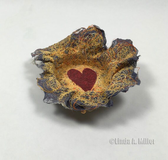 Recycled Thread and Lint Fiber Bowl with Red Heart