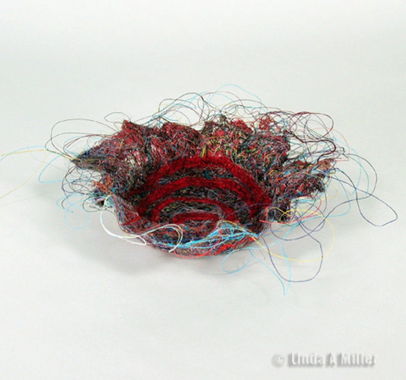 Recycled Thread and Lint Fiber Bowl With Red Yarn Swirl Etsy