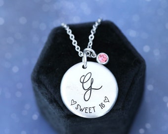 Engraved Sweet 16 Necklace - Sixteenth Birthday - Sweet Sixteen - Birthstone Necklace - 16th Birthday Gift