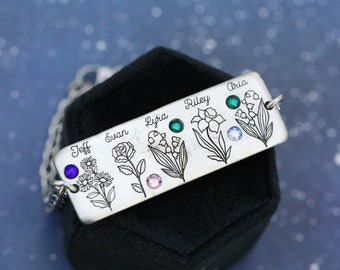 Engraved Mother’s or Grandmother’s Bracelet - Kid’s Birth Flowers - Birthstone Mother’s Jewelry - Birthstone Bracelet - Engraved Bracelet