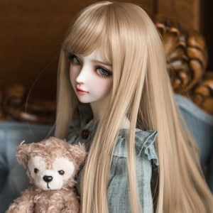 Puede incluir: Una muñeca con el pelo largo, liso y rubio claro, que lleva un vestido azul claro y sostiene un oso de peluche marrón. La muñeca tiene ojos azules y una tez rosa claro. El pelo de la muñeca está peinado con raya lateral y flequillo. La muñeca está sentada en una silla azul y marrón. A36