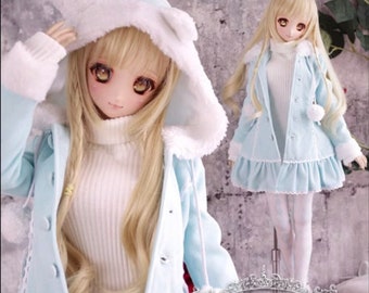 May include: A light blue doll coat with a white fur trim hood and white fur trim around the edges. The coat has a row of buttons down the front and a white turtleneck sweater underneath. The doll is wearing white tights and white shoes.