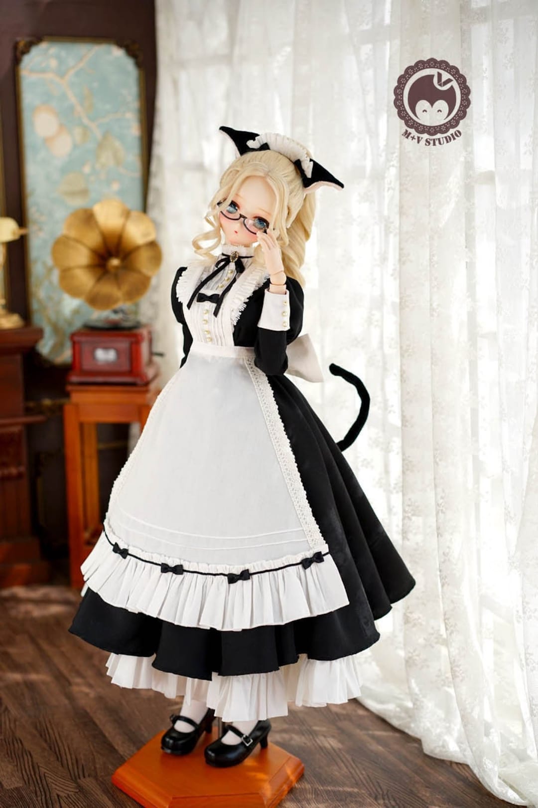 ディーラー様製 ドルフィードリーム MDD MELOEY.C 黒 メイド服 MDD MSD等 Melody.c ドールとお揃い ドルフィードリーム セット服